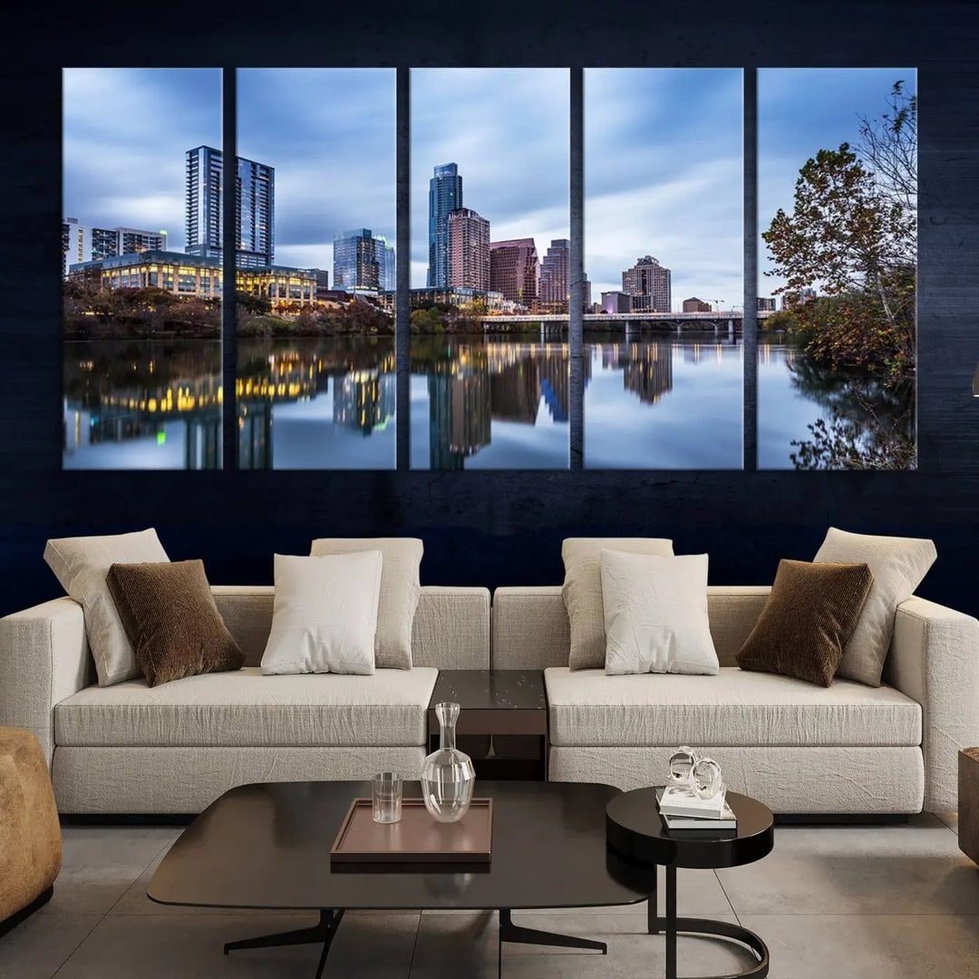 The Austin City Morning Skyline Cityscape View Wall Art Canvas Print, gallery wrapped on museum-quality canvas, reflects on the river.