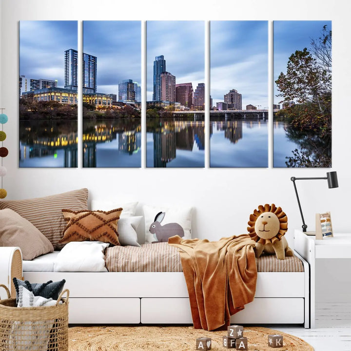 The Austin City Morning Skyline Cityscape View Wall Art Canvas Print, gallery wrapped on museum-quality canvas, reflects on the river.