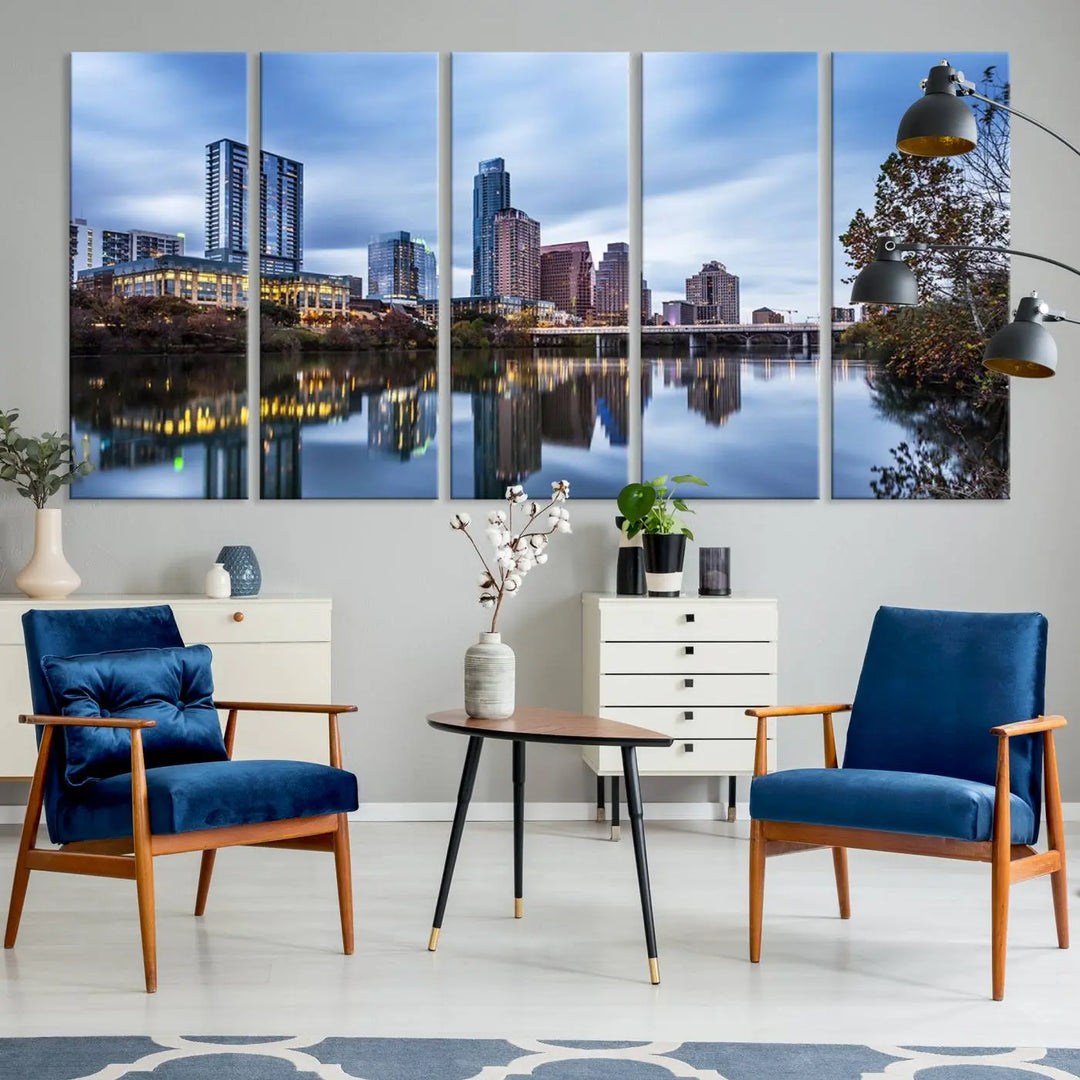 The Austin City Morning Skyline Cityscape View Wall Art Canvas Print, gallery wrapped on museum-quality canvas, reflects on the river.