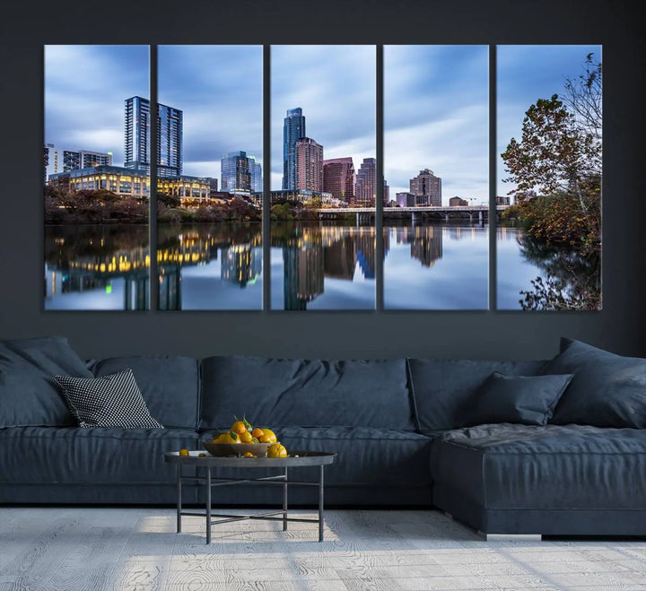 The Austin City Morning Skyline Cityscape View Wall Art Canvas Print, gallery wrapped on museum-quality canvas, reflects on the river.