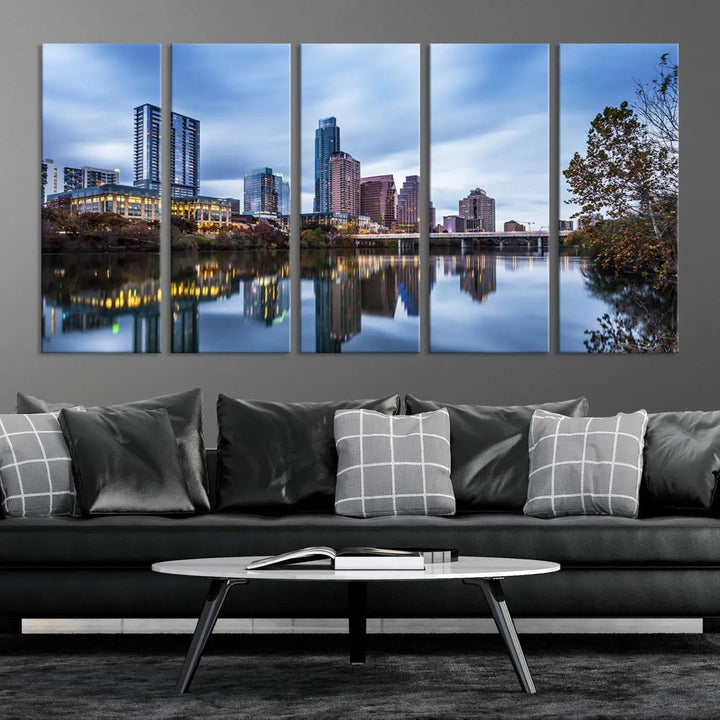 The Austin City Morning Skyline Cityscape View Wall Art Canvas Print, gallery wrapped on museum-quality canvas, reflects on the river.