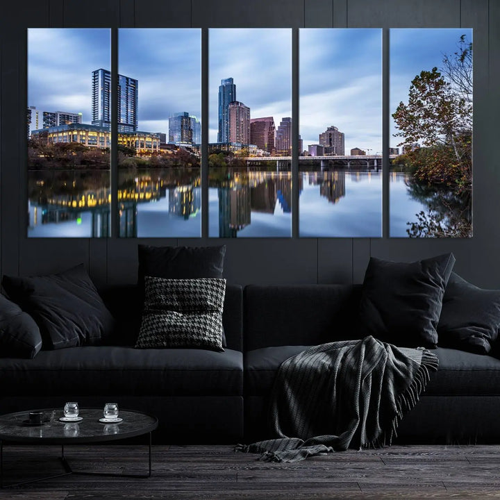 The Austin City Morning Skyline Cityscape View Wall Art Canvas Print, gallery wrapped on museum-quality canvas, reflects on the river.