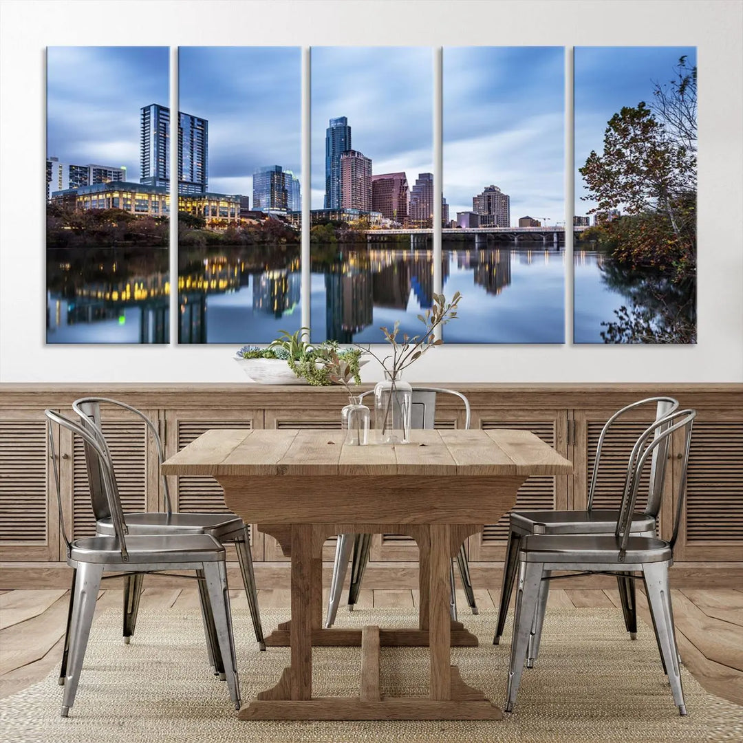 The Austin City Morning Skyline Cityscape View Wall Art Canvas Print, gallery wrapped on museum-quality canvas, reflects on the river.