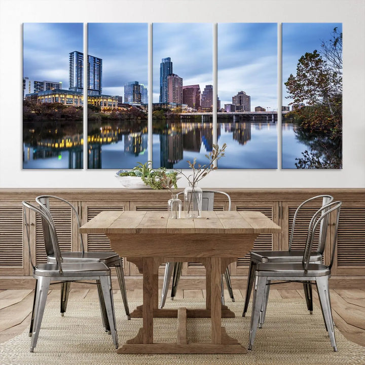 The Austin City Morning Skyline Cityscape View Wall Art Canvas Print, gallery wrapped on museum-quality canvas, reflects on the river.