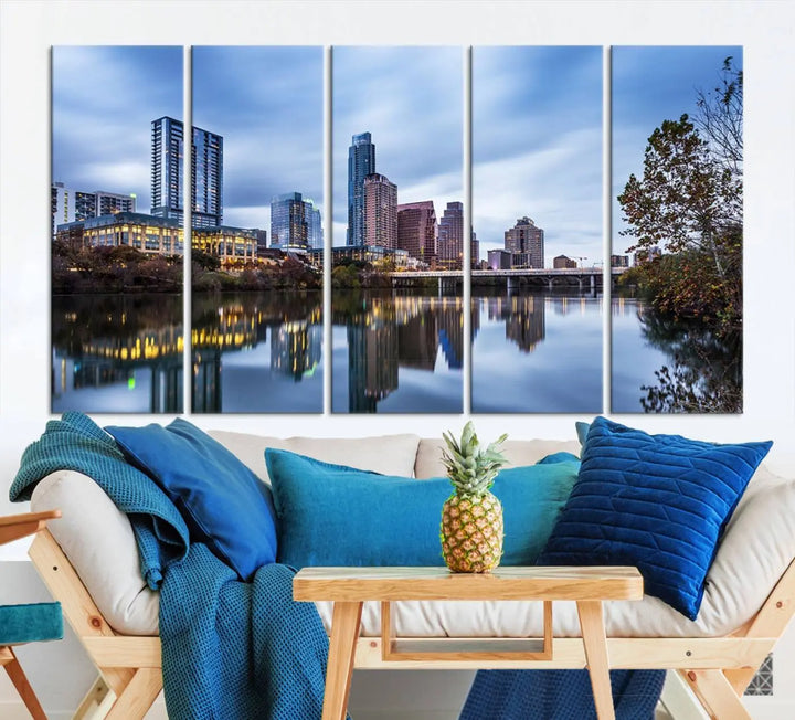 The Austin City Morning Skyline Cityscape View Wall Art Canvas Print, gallery wrapped on museum-quality canvas, reflects on the river.