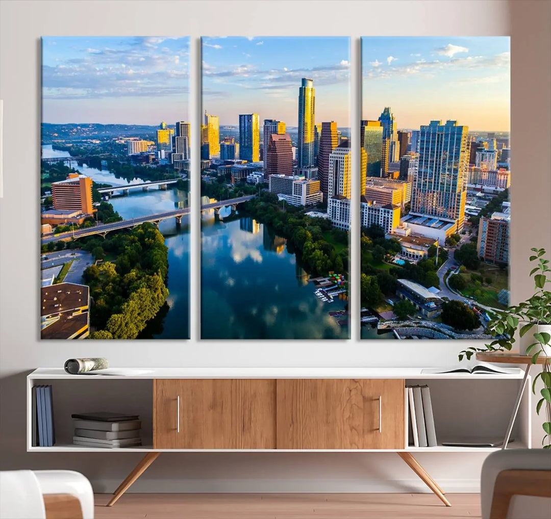 The Austin City Morning Sunrise Skyline Cityscape View Wall Art Canvas Print features a stunning view of a modern city skyline at sunrise, reflecting in a tranquil river. It is crafted on museum-quality canvas with UV-protective coating to ensure its lasting beauty.