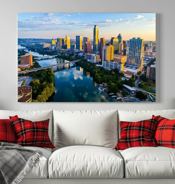 The Austin City Morning Sunrise Skyline Cityscape View Wall Art Canvas Print features a stunning view of a modern city skyline at sunrise, reflecting in a tranquil river. It is crafted on museum-quality canvas with UV-protective coating to ensure its lasting beauty.