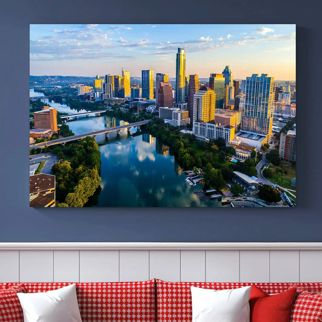 The Austin City Morning Sunrise Skyline Cityscape View Wall Art Canvas Print features a stunning view of a modern city skyline at sunrise, reflecting in a tranquil river. It is crafted on museum-quality canvas with UV-protective coating to ensure its lasting beauty.