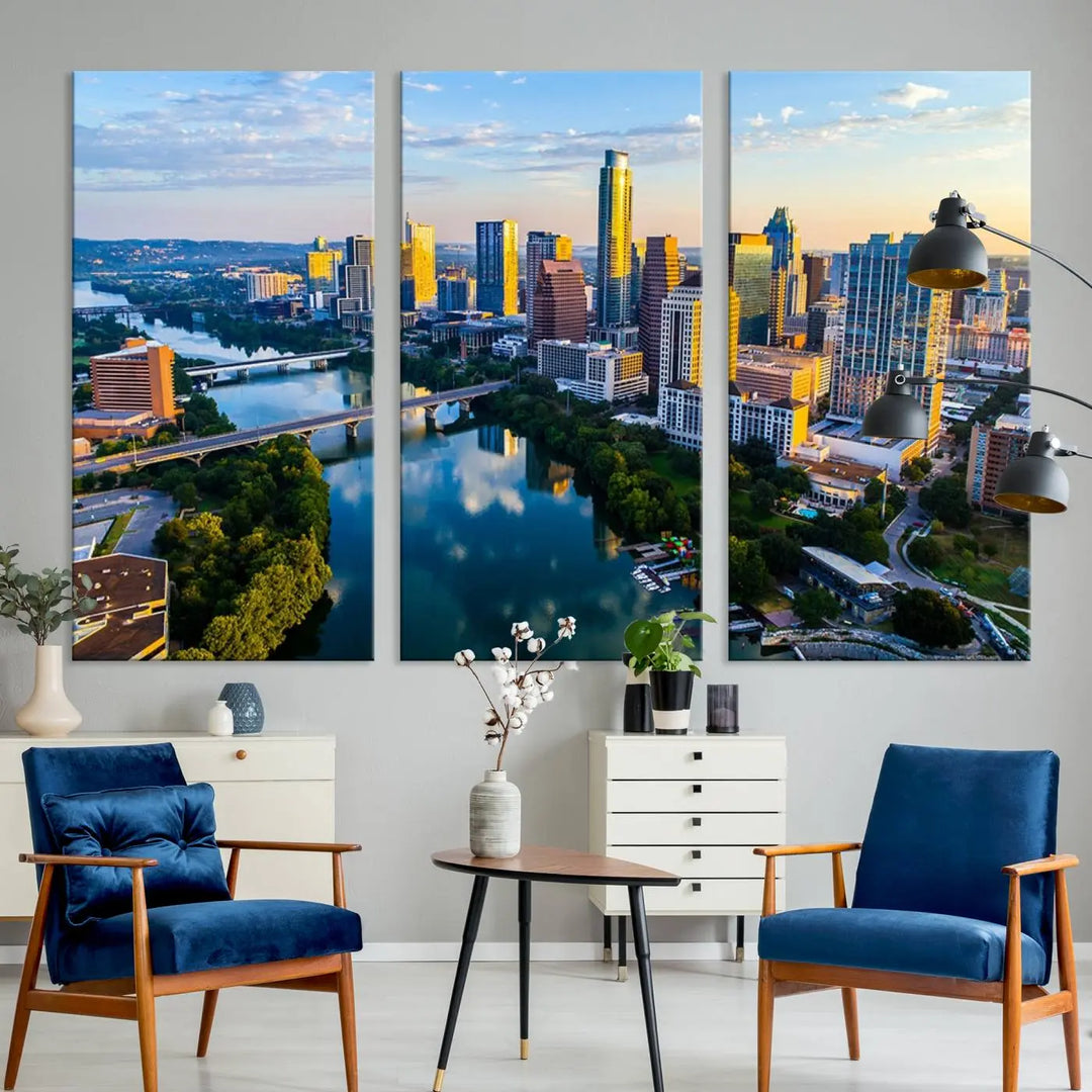 The Austin City Morning Sunrise Skyline Cityscape View Wall Art Canvas Print features a stunning view of a modern city skyline at sunrise, reflecting in a tranquil river. It is crafted on museum-quality canvas with UV-protective coating to ensure its lasting beauty.