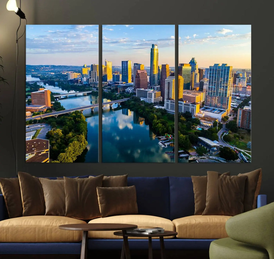 The Austin City Morning Sunrise Skyline Cityscape View Wall Art Canvas Print features a stunning view of a modern city skyline at sunrise, reflecting in a tranquil river. It is crafted on museum-quality canvas with UV-protective coating to ensure its lasting beauty.