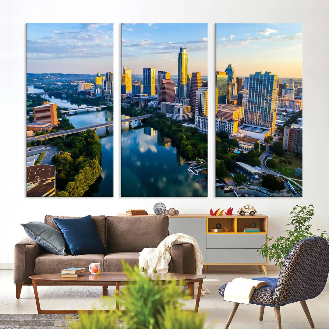 The Austin City Morning Sunrise Skyline Cityscape View Wall Art Canvas Print features a stunning view of a modern city skyline at sunrise, reflecting in a tranquil river. It is crafted on museum-quality canvas with UV-protective coating to ensure its lasting beauty.