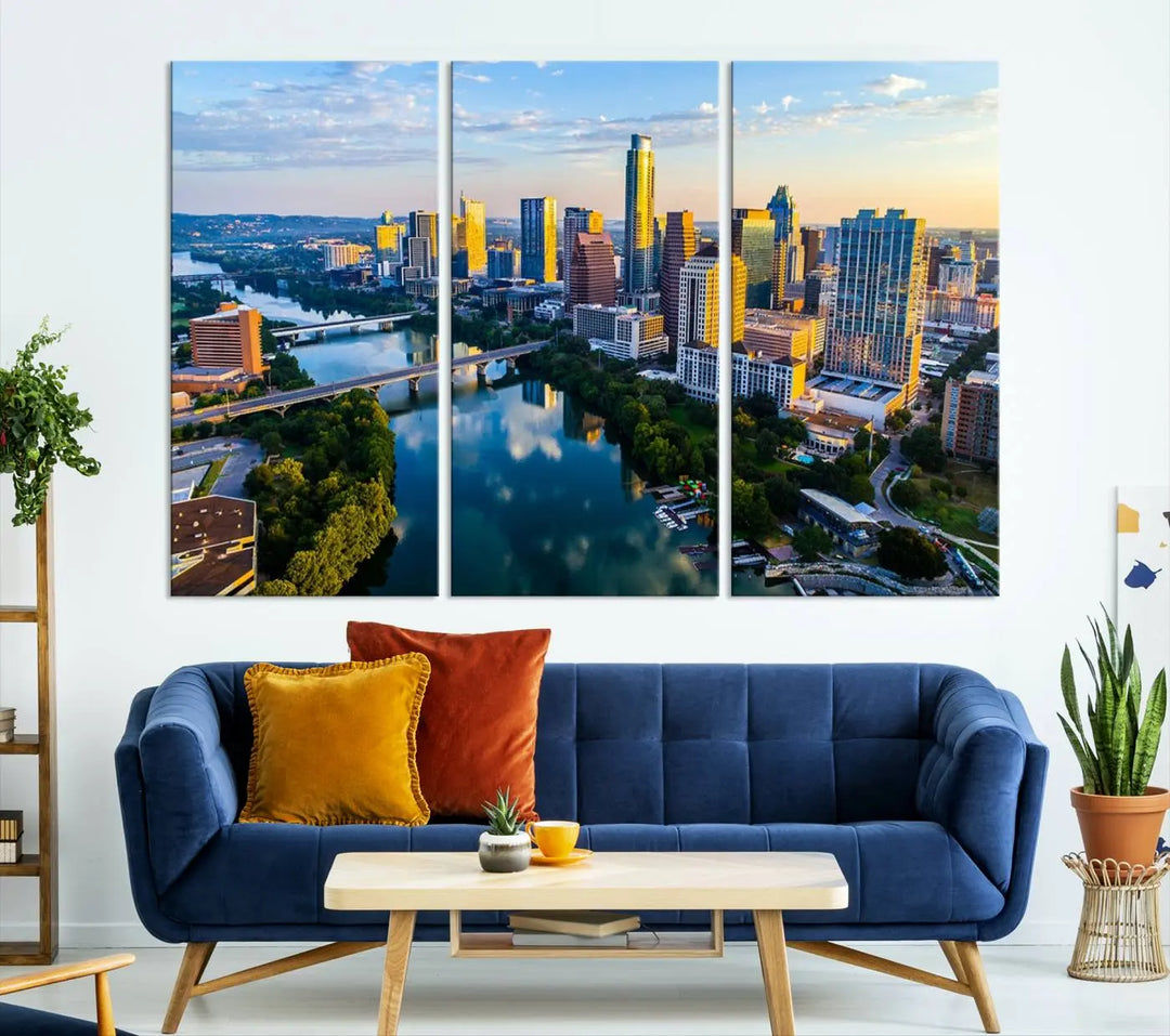 The Austin City Morning Sunrise Skyline Cityscape View Wall Art Canvas Print features a stunning view of a modern city skyline at sunrise, reflecting in a tranquil river. It is crafted on museum-quality canvas with UV-protective coating to ensure its lasting beauty.