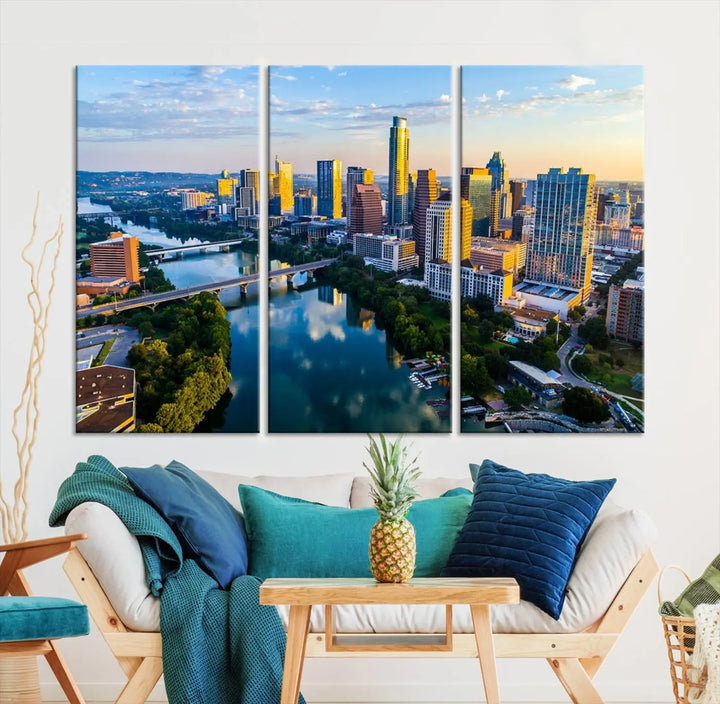 The Austin City Morning Sunrise Skyline Cityscape View Wall Art Canvas Print features a stunning view of a modern city skyline at sunrise, reflecting in a tranquil river. It is crafted on museum-quality canvas with UV-protective coating to ensure its lasting beauty.