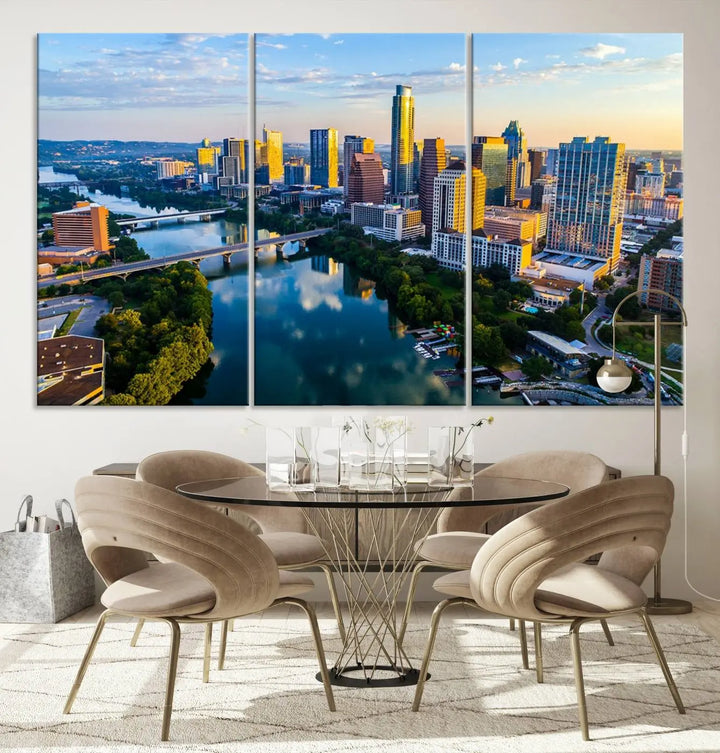 The Austin City Morning Sunrise Skyline Cityscape View Wall Art Canvas Print features a stunning view of a modern city skyline at sunrise, reflecting in a tranquil river. It is crafted on museum-quality canvas with UV-protective coating to ensure its lasting beauty.