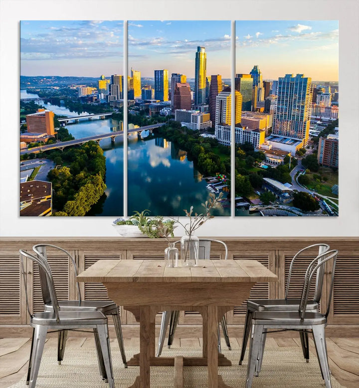 The Austin City Morning Sunrise Skyline Cityscape View Wall Art Canvas Print features a stunning view of a modern city skyline at sunrise, reflecting in a tranquil river. It is crafted on museum-quality canvas with UV-protective coating to ensure its lasting beauty.