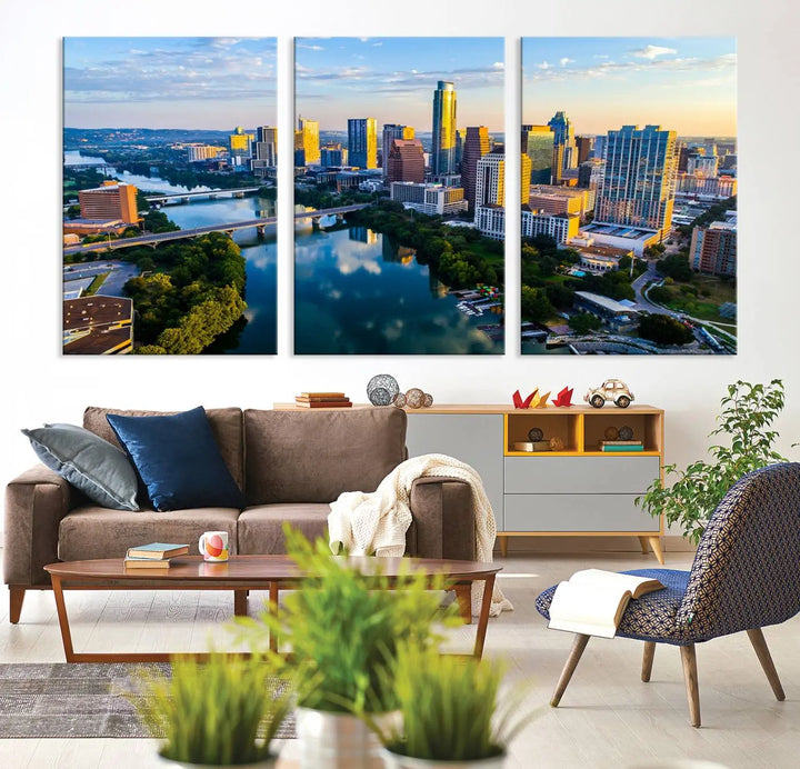 The Austin City Morning Sunrise Skyline Cityscape View Wall Art Canvas Print features a stunning view of a modern city skyline at sunrise, reflecting in a tranquil river. It is crafted on museum-quality canvas with UV-protective coating to ensure its lasting beauty.