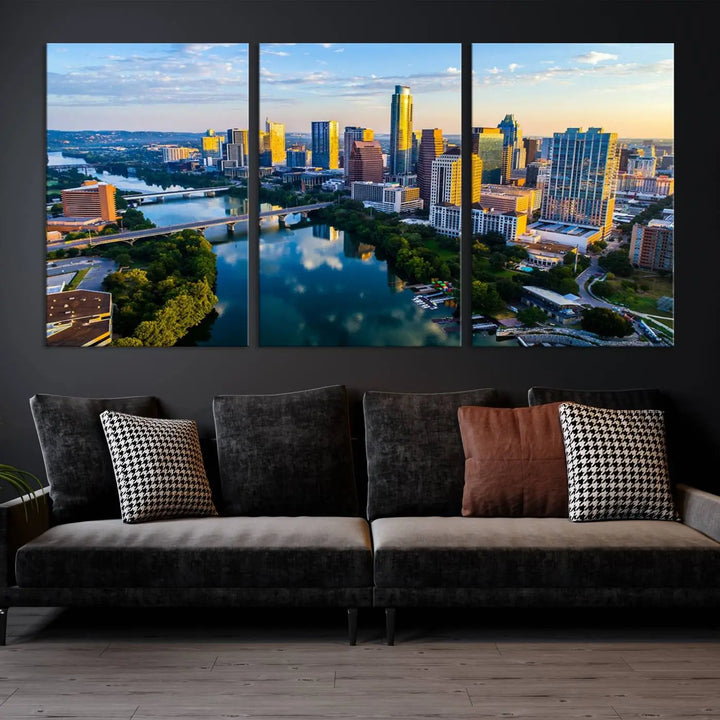 The Austin City Morning Sunrise Skyline Cityscape View Wall Art Canvas Print features a stunning view of a modern city skyline at sunrise, reflecting in a tranquil river. It is crafted on museum-quality canvas with UV-protective coating to ensure its lasting beauty.