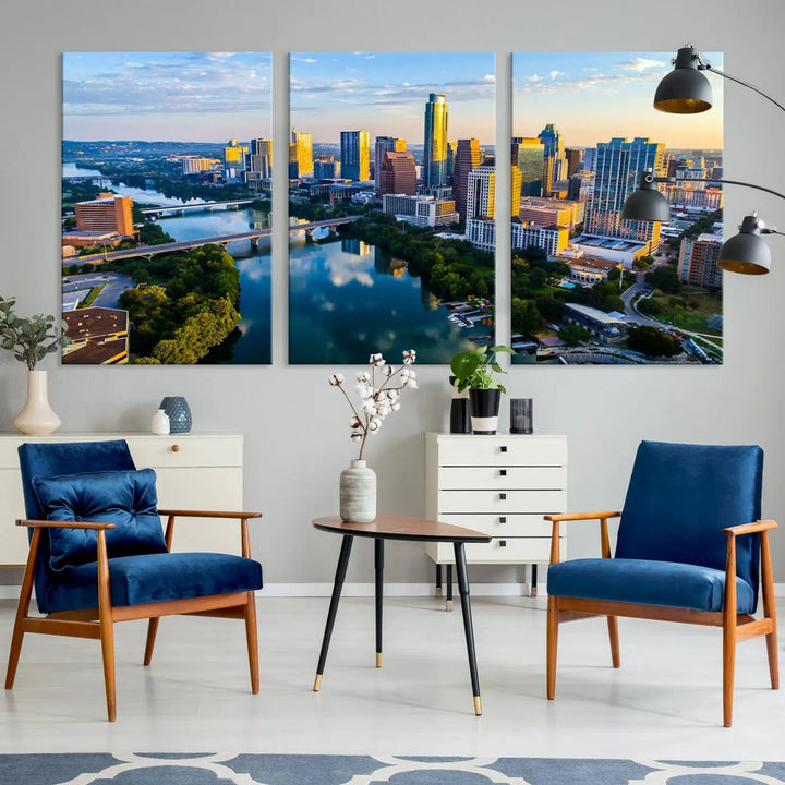 The Austin City Morning Sunrise Skyline Cityscape View Wall Art Canvas Print features a stunning view of a modern city skyline at sunrise, reflecting in a tranquil river. It is crafted on museum-quality canvas with UV-protective coating to ensure its lasting beauty.