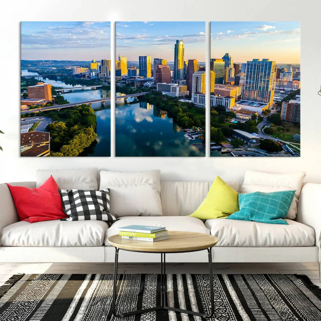 The Austin City Morning Sunrise Skyline Cityscape View Wall Art Canvas Print features a stunning view of a modern city skyline at sunrise, reflecting in a tranquil river. It is crafted on museum-quality canvas with UV-protective coating to ensure its lasting beauty.