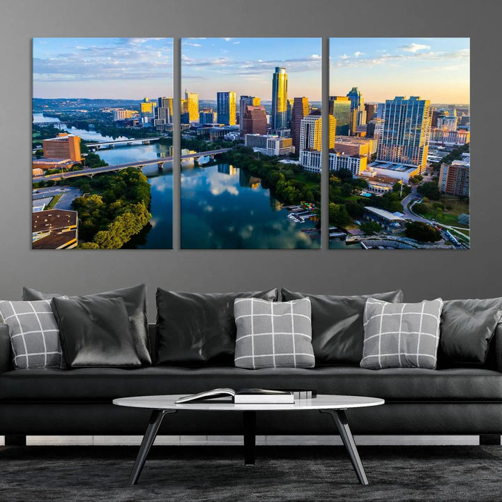 The Austin City Morning Sunrise Skyline Cityscape View Wall Art Canvas Print features a stunning view of a modern city skyline at sunrise, reflecting in a tranquil river. It is crafted on museum-quality canvas with UV-protective coating to ensure its lasting beauty.