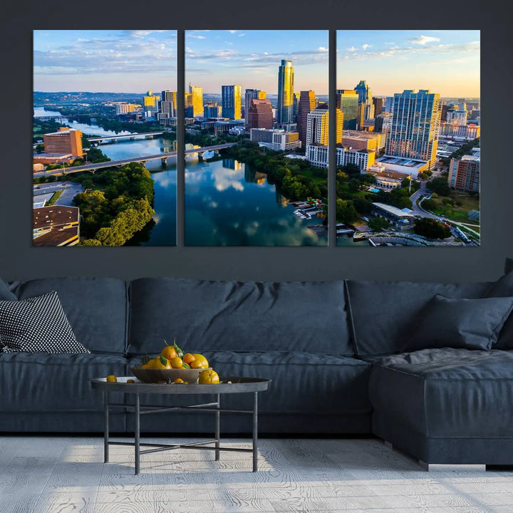 The Austin City Morning Sunrise Skyline Cityscape View Wall Art Canvas Print features a stunning view of a modern city skyline at sunrise, reflecting in a tranquil river. It is crafted on museum-quality canvas with UV-protective coating to ensure its lasting beauty.