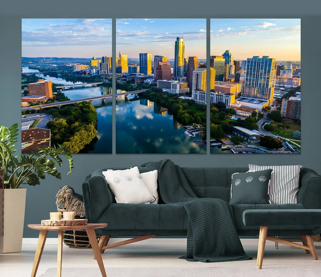 The Austin City Morning Sunrise Skyline Cityscape View Wall Art Canvas Print features a stunning view of a modern city skyline at sunrise, reflecting in a tranquil river. It is crafted on museum-quality canvas with UV-protective coating to ensure its lasting beauty.