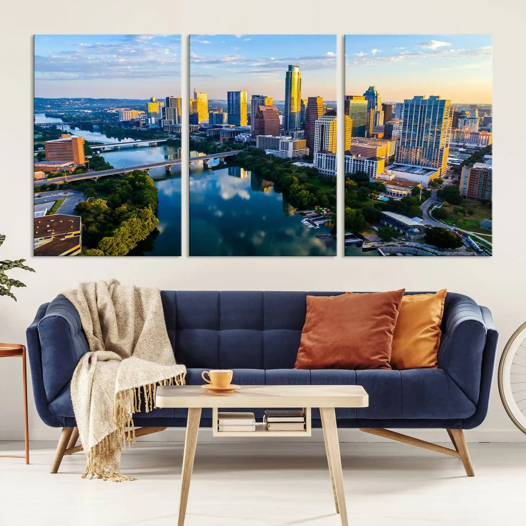 The Austin City Morning Sunrise Skyline Cityscape View Wall Art Canvas Print features a stunning view of a modern city skyline at sunrise, reflecting in a tranquil river. It is crafted on museum-quality canvas with UV-protective coating to ensure its lasting beauty.