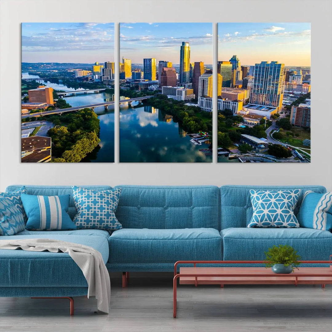 The Austin City Morning Sunrise Skyline Cityscape View Wall Art Canvas Print features a stunning view of a modern city skyline at sunrise, reflecting in a tranquil river. It is crafted on museum-quality canvas with UV-protective coating to ensure its lasting beauty.