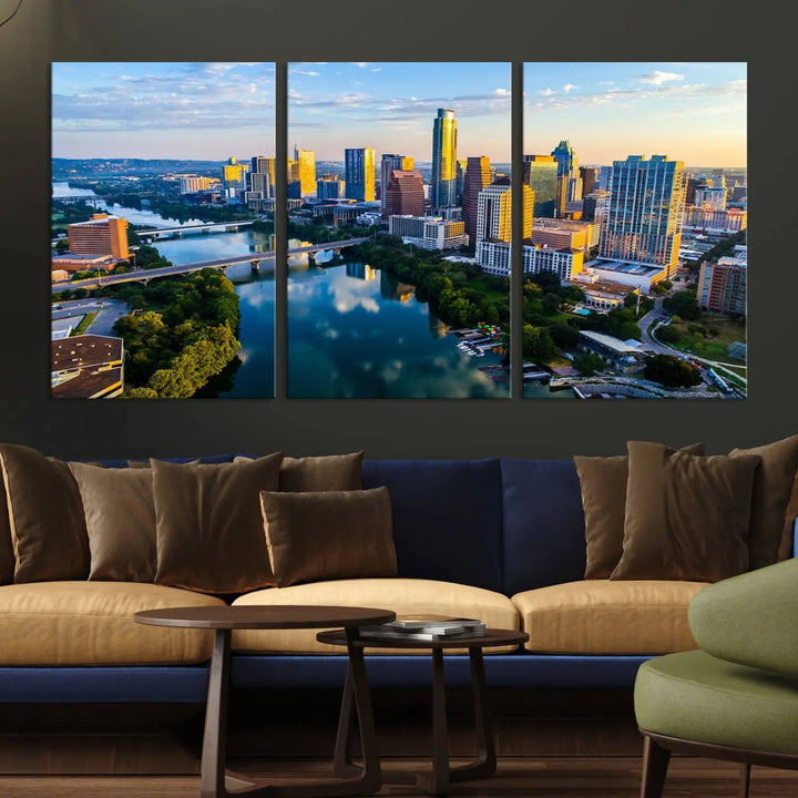 The Austin City Morning Sunrise Skyline Cityscape View Wall Art Canvas Print features a stunning view of a modern city skyline at sunrise, reflecting in a tranquil river. It is crafted on museum-quality canvas with UV-protective coating to ensure its lasting beauty.