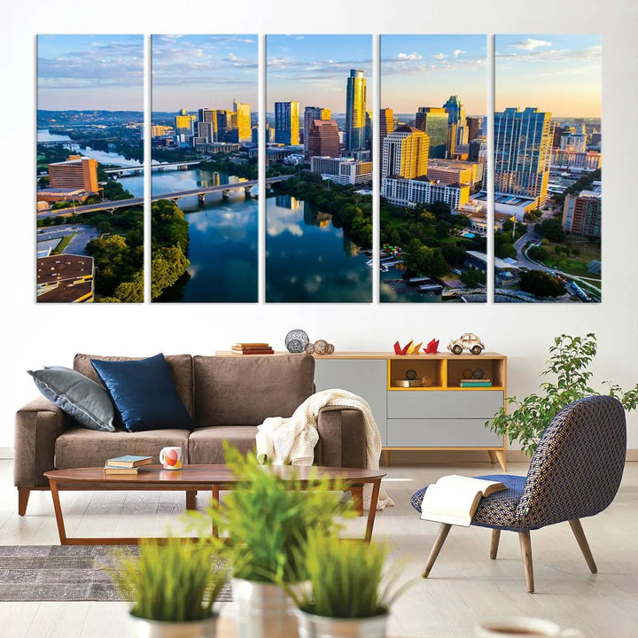 The Austin City Morning Sunrise Skyline Cityscape View Wall Art Canvas Print features a stunning view of a modern city skyline at sunrise, reflecting in a tranquil river. It is crafted on museum-quality canvas with UV-protective coating to ensure its lasting beauty.