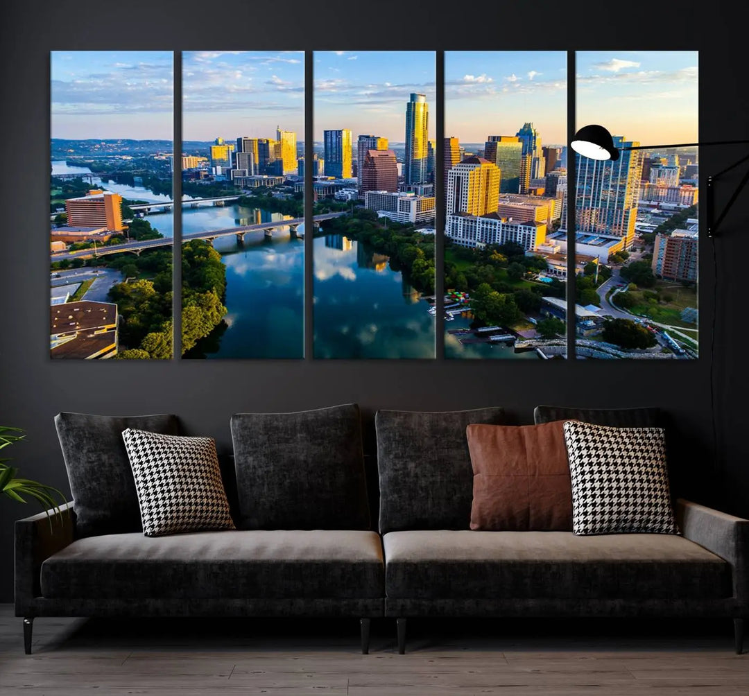 The Austin City Morning Sunrise Skyline Cityscape View Wall Art Canvas Print features a stunning view of a modern city skyline at sunrise, reflecting in a tranquil river. It is crafted on museum-quality canvas with UV-protective coating to ensure its lasting beauty.