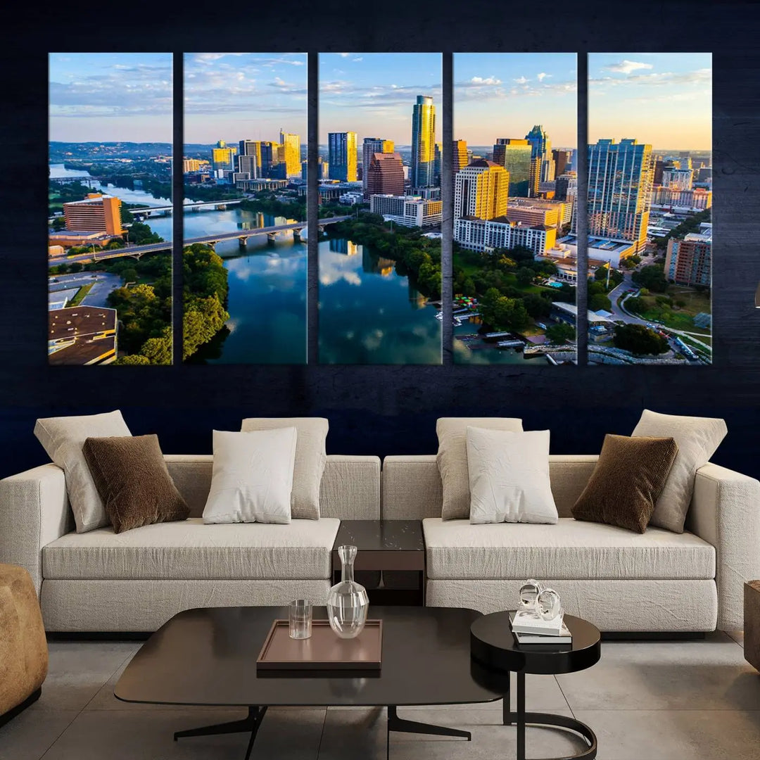 The Austin City Morning Sunrise Skyline Cityscape View Wall Art Canvas Print features a stunning view of a modern city skyline at sunrise, reflecting in a tranquil river. It is crafted on museum-quality canvas with UV-protective coating to ensure its lasting beauty.