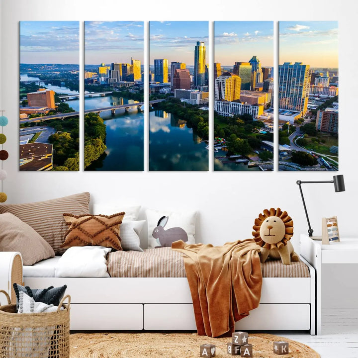 The Austin City Morning Sunrise Skyline Cityscape View Wall Art Canvas Print features a stunning view of a modern city skyline at sunrise, reflecting in a tranquil river. It is crafted on museum-quality canvas with UV-protective coating to ensure its lasting beauty.