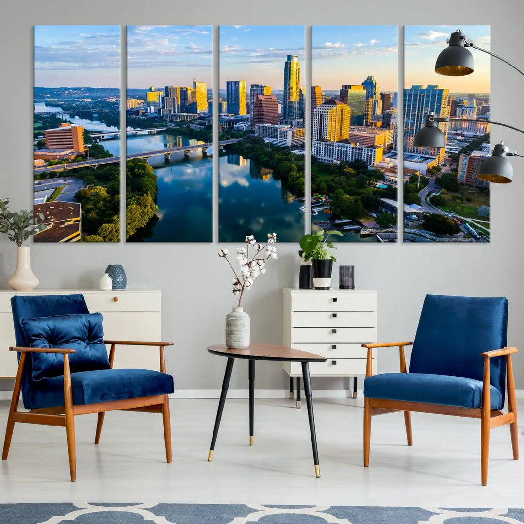 The Austin City Morning Sunrise Skyline Cityscape View Wall Art Canvas Print features a stunning view of a modern city skyline at sunrise, reflecting in a tranquil river. It is crafted on museum-quality canvas with UV-protective coating to ensure its lasting beauty.