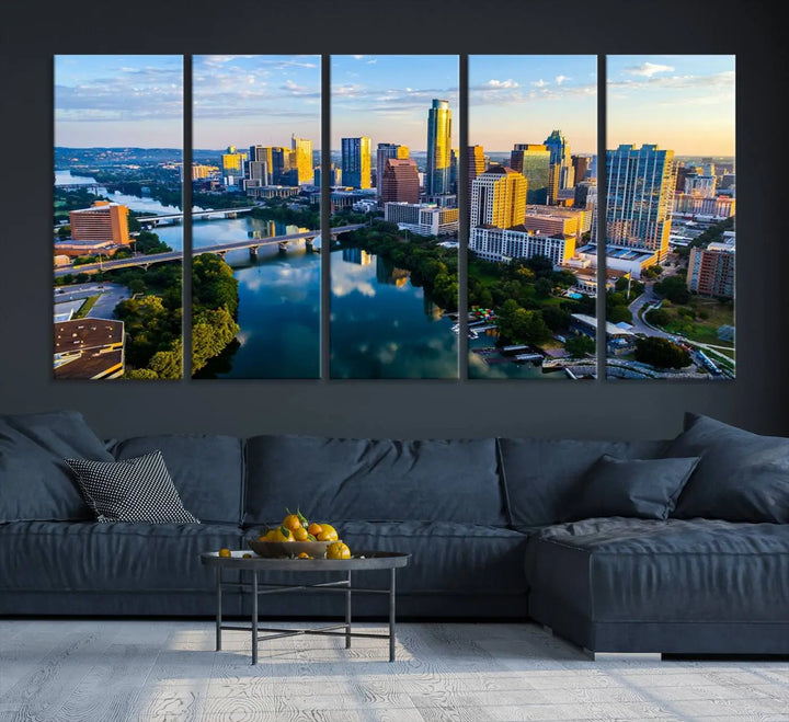 The Austin City Morning Sunrise Skyline Cityscape View Wall Art Canvas Print features a stunning view of a modern city skyline at sunrise, reflecting in a tranquil river. It is crafted on museum-quality canvas with UV-protective coating to ensure its lasting beauty.