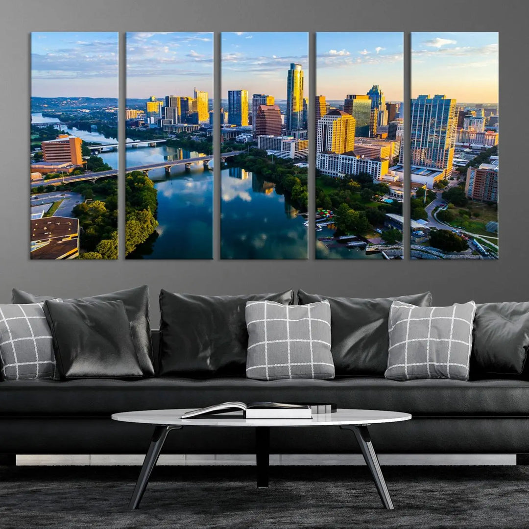 The Austin City Morning Sunrise Skyline Cityscape View Wall Art Canvas Print features a stunning view of a modern city skyline at sunrise, reflecting in a tranquil river. It is crafted on museum-quality canvas with UV-protective coating to ensure its lasting beauty.