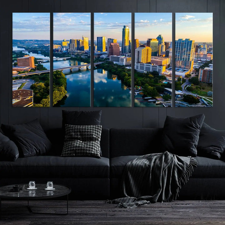 The Austin City Morning Sunrise Skyline Cityscape View Wall Art Canvas Print features a stunning view of a modern city skyline at sunrise, reflecting in a tranquil river. It is crafted on museum-quality canvas with UV-protective coating to ensure its lasting beauty.