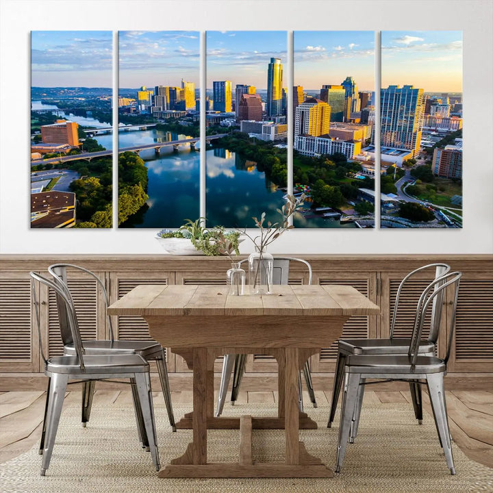 The Austin City Morning Sunrise Skyline Cityscape View Wall Art Canvas Print features a stunning view of a modern city skyline at sunrise, reflecting in a tranquil river. It is crafted on museum-quality canvas with UV-protective coating to ensure its lasting beauty.