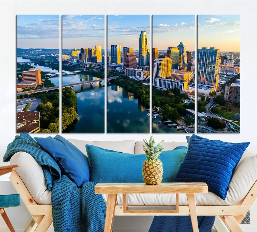 The Austin City Morning Sunrise Skyline Cityscape View Wall Art Canvas Print features a stunning view of a modern city skyline at sunrise, reflecting in a tranquil river. It is crafted on museum-quality canvas with UV-protective coating to ensure its lasting beauty.