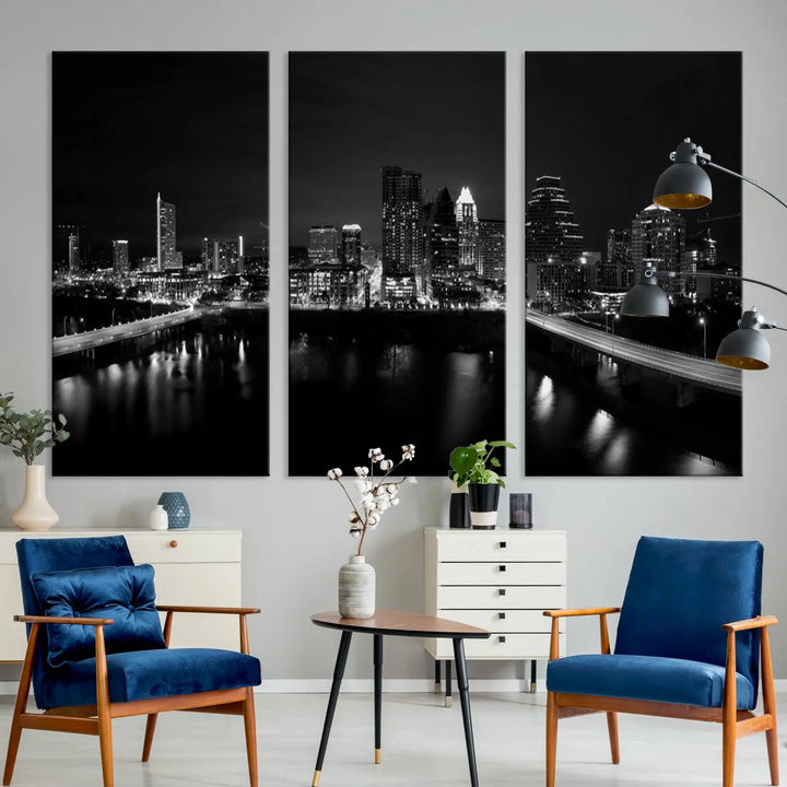 The Austin City Skyline Black and White Wall Art Cityscape Canvas Print, a stunning triptych of a nighttime cityscape printed on museum-quality canvases, adorns the wall. This hand-assembled framed artwork exudes elegance and features a UV-protective coating to maintain the city's captivating allure.