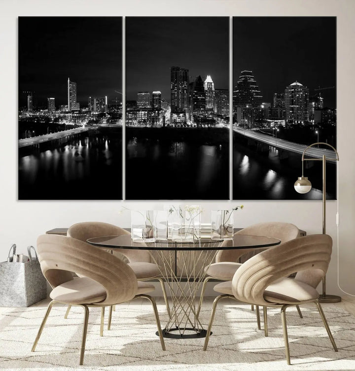 The Austin City Skyline Black and White Wall Art Cityscape Canvas Print, a stunning triptych of a nighttime cityscape printed on museum-quality canvases, adorns the wall. This hand-assembled framed artwork exudes elegance and features a UV-protective coating to maintain the city's captivating allure.