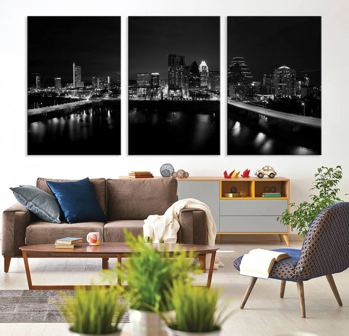 The Austin City Skyline Black and White Wall Art Cityscape Canvas Print, a stunning triptych of a nighttime cityscape printed on museum-quality canvases, adorns the wall. This hand-assembled framed artwork exudes elegance and features a UV-protective coating to maintain the city's captivating allure.