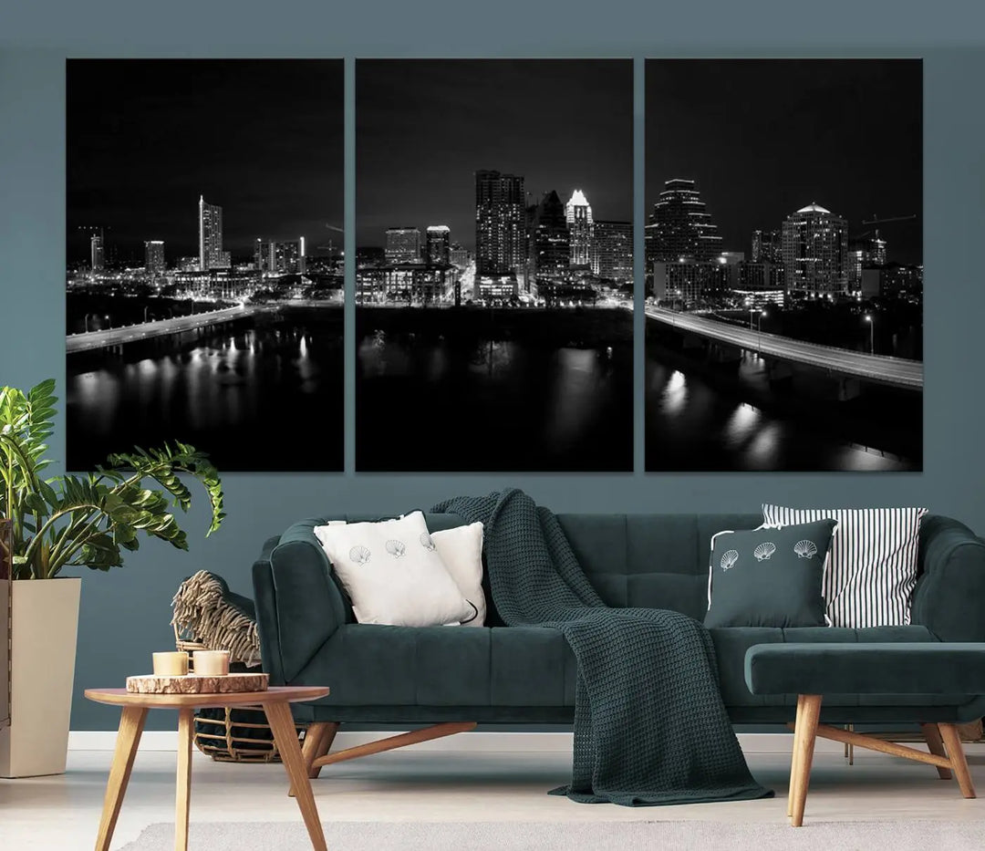 The Austin City Skyline Black and White Wall Art Cityscape Canvas Print, a stunning triptych of a nighttime cityscape printed on museum-quality canvases, adorns the wall. This hand-assembled framed artwork exudes elegance and features a UV-protective coating to maintain the city's captivating allure.