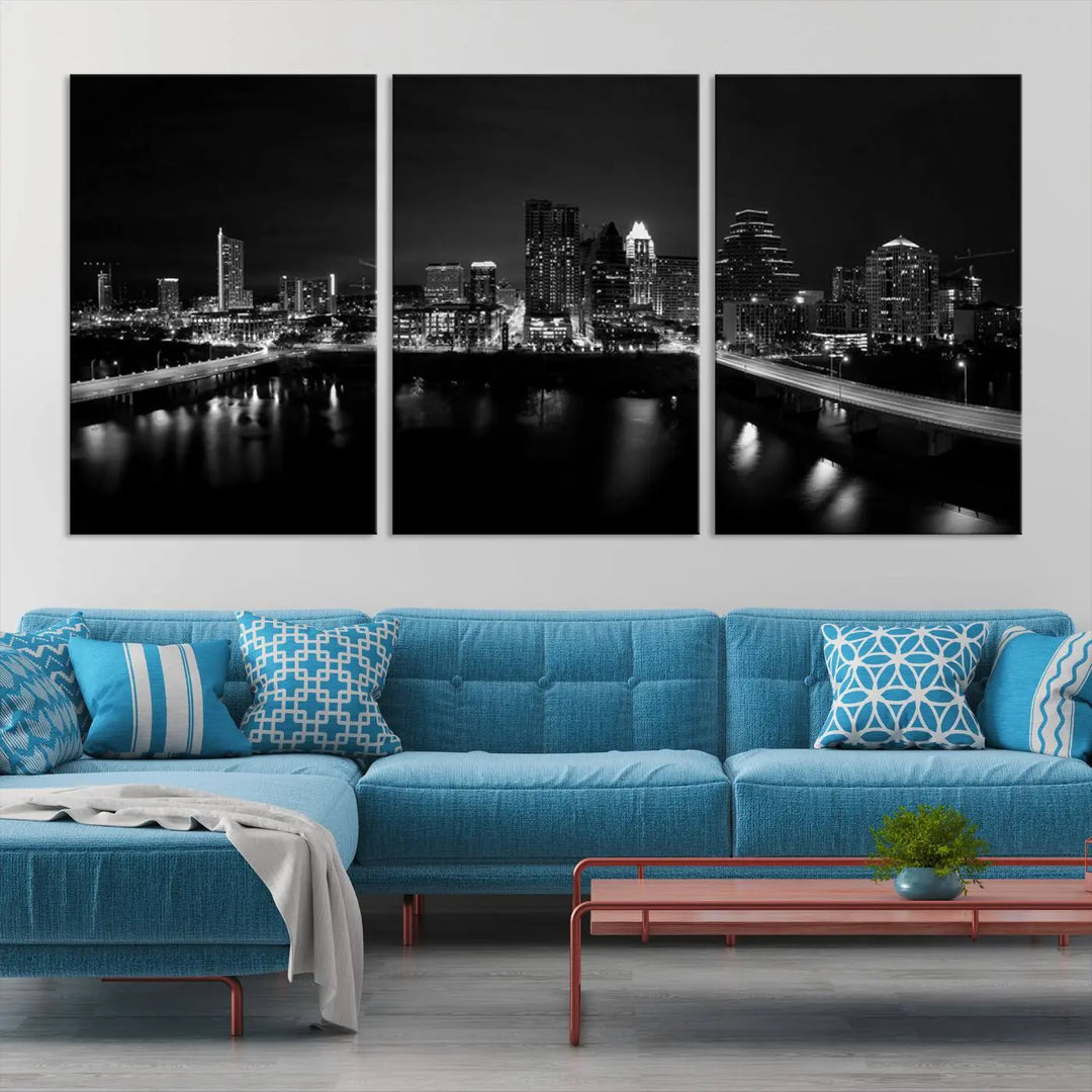 The Austin City Skyline Black and White Wall Art Cityscape Canvas Print, a stunning triptych of a nighttime cityscape printed on museum-quality canvases, adorns the wall. This hand-assembled framed artwork exudes elegance and features a UV-protective coating to maintain the city's captivating allure.