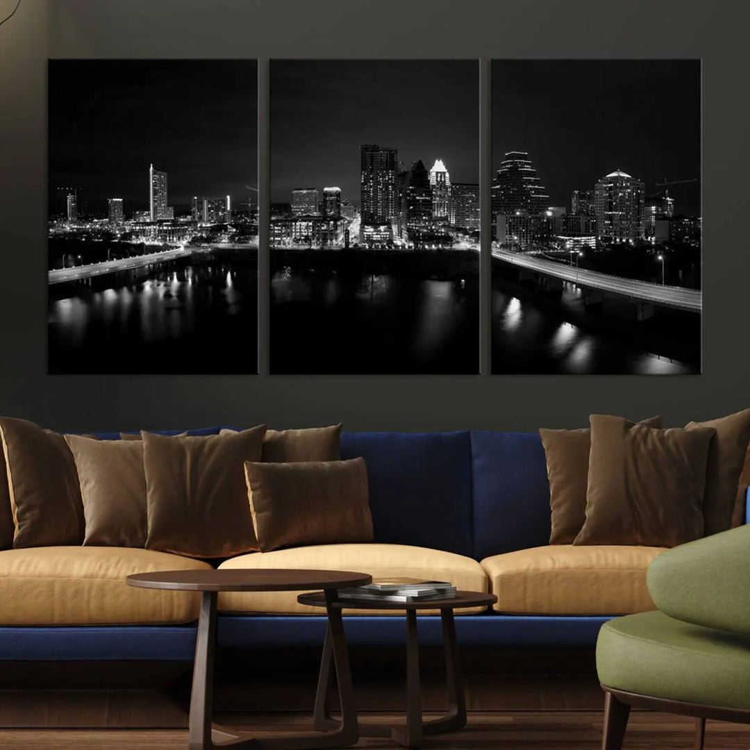 The Austin City Skyline Black and White Wall Art Cityscape Canvas Print, a stunning triptych of a nighttime cityscape printed on museum-quality canvases, adorns the wall. This hand-assembled framed artwork exudes elegance and features a UV-protective coating to maintain the city's captivating allure.