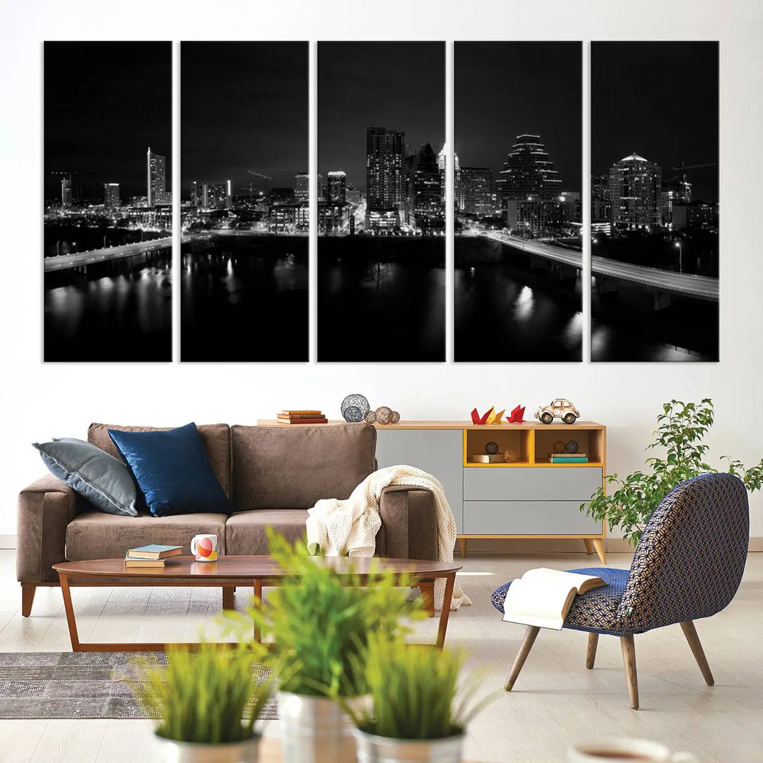 The Austin City Skyline Black and White Wall Art Cityscape Canvas Print, a stunning triptych of a nighttime cityscape printed on museum-quality canvases, adorns the wall. This hand-assembled framed artwork exudes elegance and features a UV-protective coating to maintain the city's captivating allure.