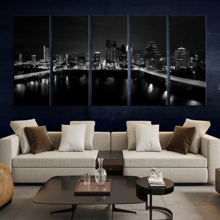 The Austin City Skyline Black and White Wall Art Cityscape Canvas Print, a stunning triptych of a nighttime cityscape printed on museum-quality canvases, adorns the wall. This hand-assembled framed artwork exudes elegance and features a UV-protective coating to maintain the city's captivating allure.