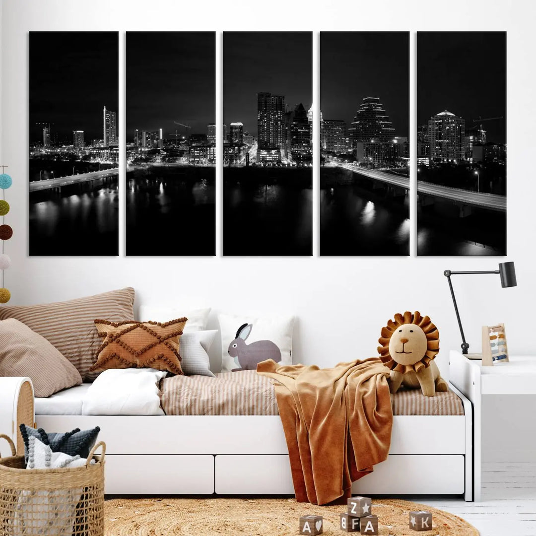 The Austin City Skyline Black and White Wall Art Cityscape Canvas Print, a stunning triptych of a nighttime cityscape printed on museum-quality canvases, adorns the wall. This hand-assembled framed artwork exudes elegance and features a UV-protective coating to maintain the city's captivating allure.