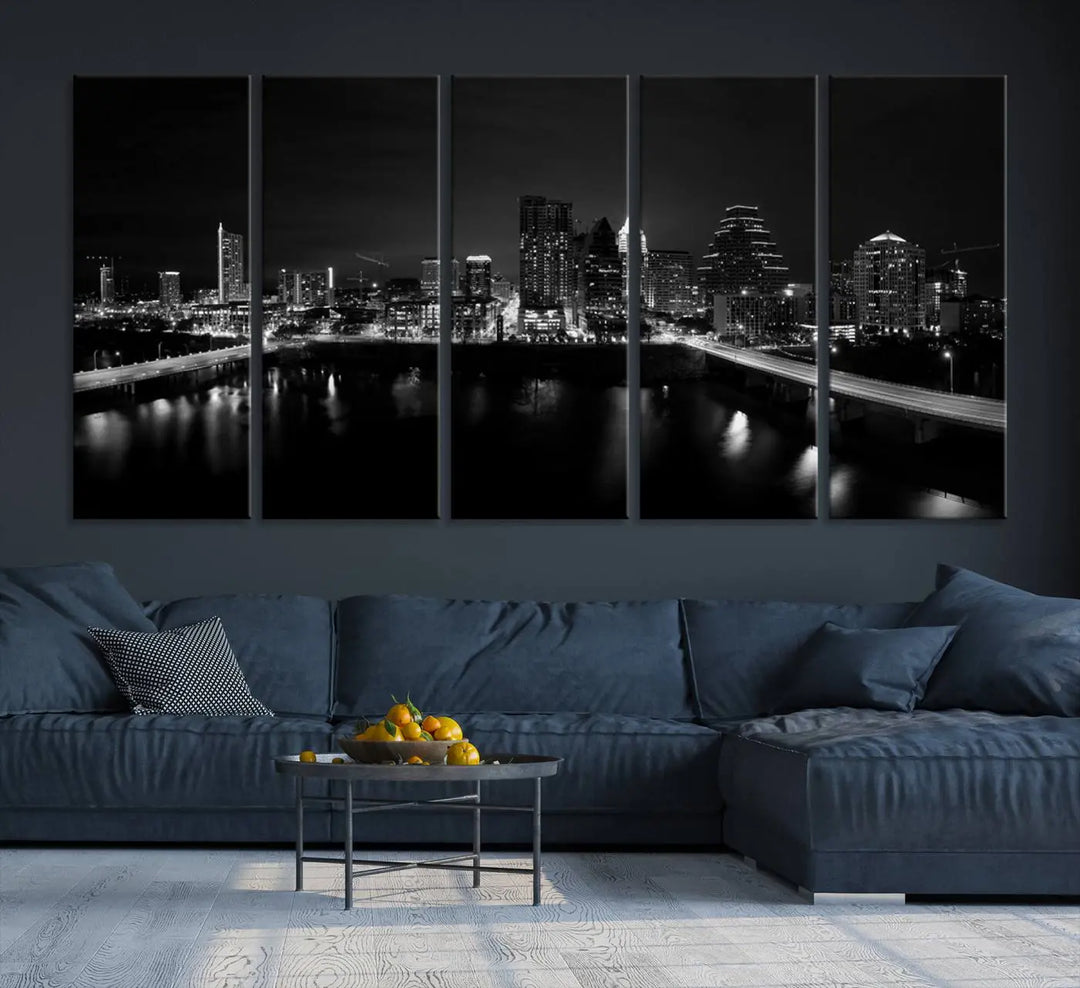 The Austin City Skyline Black and White Wall Art Cityscape Canvas Print, a stunning triptych of a nighttime cityscape printed on museum-quality canvases, adorns the wall. This hand-assembled framed artwork exudes elegance and features a UV-protective coating to maintain the city's captivating allure.