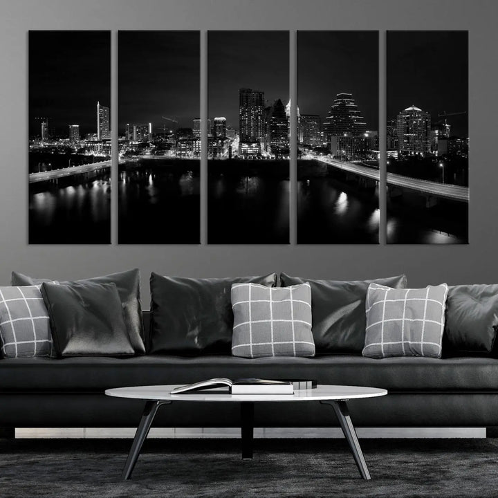 The Austin City Skyline Black and White Wall Art Cityscape Canvas Print, a stunning triptych of a nighttime cityscape printed on museum-quality canvases, adorns the wall. This hand-assembled framed artwork exudes elegance and features a UV-protective coating to maintain the city's captivating allure.